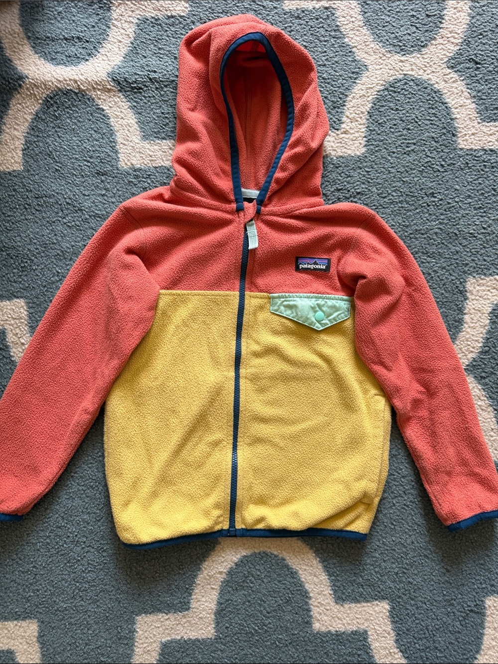 Patagonia Kids Hooded Fleece Jacket in Coral, Yellow & Mint